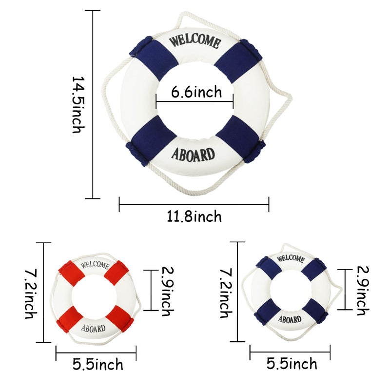 Bilipala 3Pcs Cloth Life Ring Buoy, Home Wall Nautical Decor, 12.5 & 5.5 Inches - Image 2